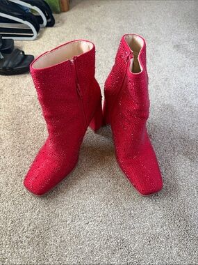 SHEIN Red Rhinestone Ankle Boots with Block Heel